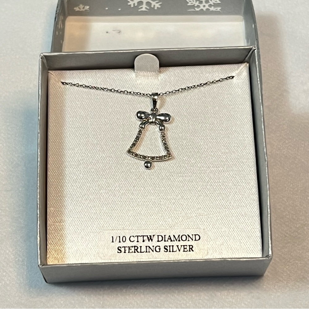 Sterling Silver Bell Pendant Necklace 1/10 CTTW Diamond 18" Chain Christmas